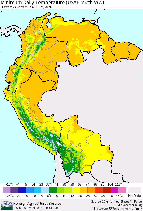Northern South America Minimum Daily Temperature (USAF 557th WW) Thematic Map For 1/18/2021 - 1/24/2021