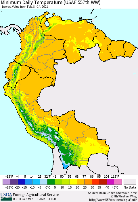 Northern South America Minimum Daily Temperature (USAF 557th WW) Thematic Map For 2/8/2021 - 2/14/2021