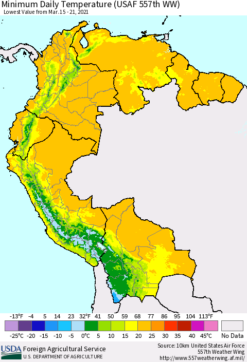 Northern South America Minimum Daily Temperature (USAF 557th WW) Thematic Map For 3/15/2021 - 3/21/2021