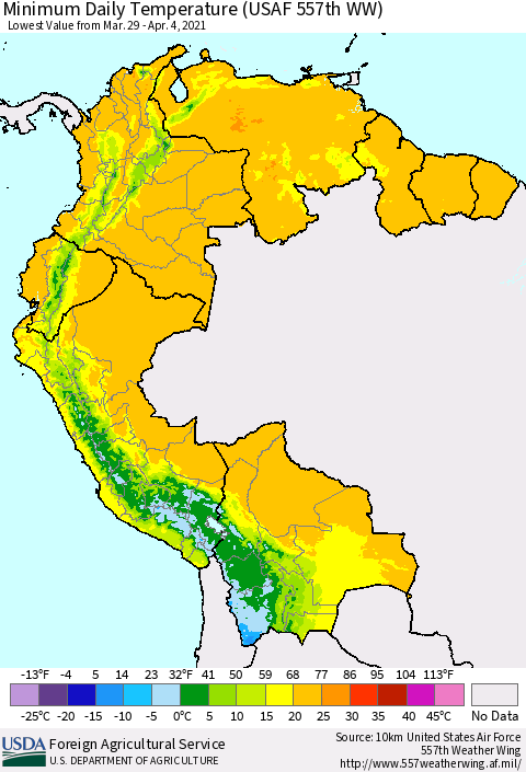 Northern South America Extreme Minimum Temperature (USAF 557th WW) Thematic Map For 3/29/2021 - 4/4/2021