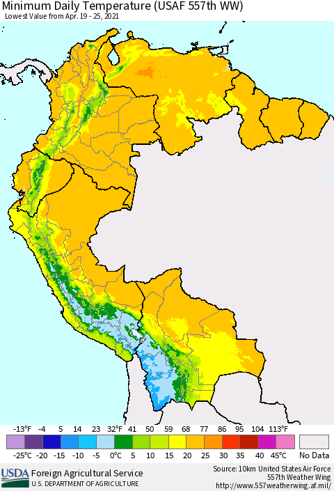 Northern South America Minimum Daily Temperature (USAF 557th WW) Thematic Map For 4/19/2021 - 4/25/2021