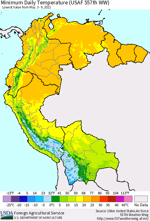 Northern South America Extreme Minimum Temperature (USAF 557th WW) Thematic Map For 5/3/2021 - 5/9/2021