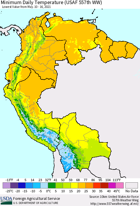 Northern South America Minimum Daily Temperature (USAF 557th WW) Thematic Map For 5/10/2021 - 5/16/2021