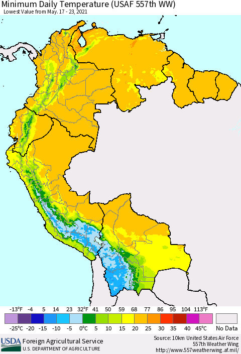 Northern South America Minimum Daily Temperature (USAF 557th WW) Thematic Map For 5/17/2021 - 5/23/2021