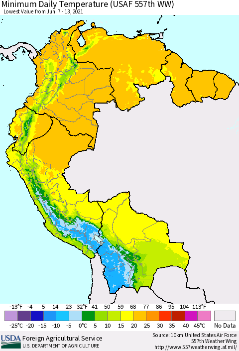 Northern South America Extreme Minimum Temperature (USAF 557th WW) Thematic Map For 6/7/2021 - 6/13/2021