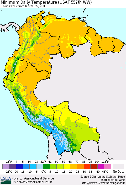 Northern South America Minimum Daily Temperature (USAF 557th WW) Thematic Map For 6/21/2021 - 6/27/2021