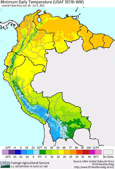 Northern South America Minimum Daily Temperature (USAF 557th WW) Thematic Map For 6/28/2021 - 7/4/2021