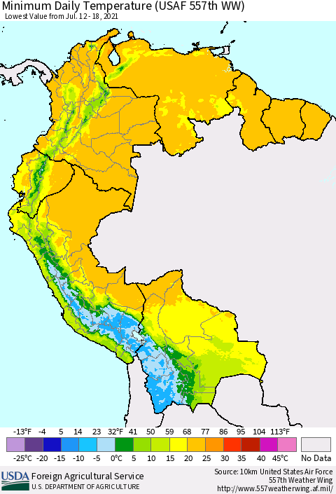 Northern South America Minimum Daily Temperature (USAF 557th WW) Thematic Map For 7/12/2021 - 7/18/2021