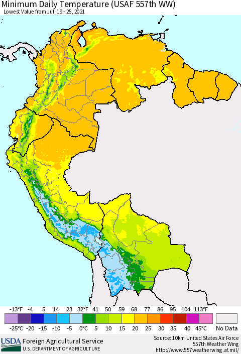 Northern South America Minimum Daily Temperature (USAF 557th WW) Thematic Map For 7/19/2021 - 7/25/2021