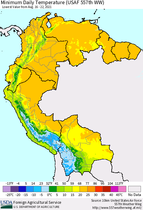 Northern South America Extreme Minimum Temperature (USAF 557th WW) Thematic Map For 8/16/2021 - 8/22/2021