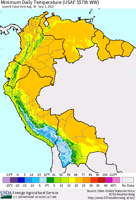 Northern South America Minimum Daily Temperature (USAF 557th WW) Thematic Map For 8/30/2021 - 9/5/2021