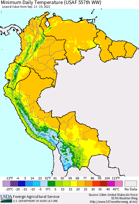 Northern South America Extreme Minimum Temperature (USAF 557th WW) Thematic Map For 9/13/2021 - 9/19/2021