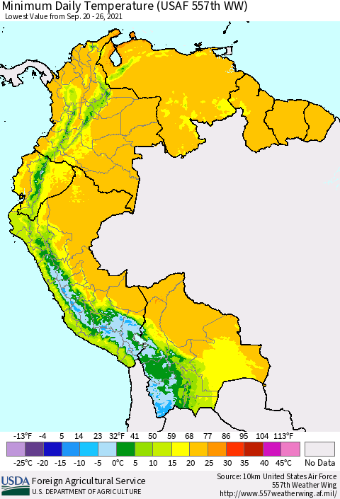 Northern South America Extreme Minimum Temperature (USAF 557th WW) Thematic Map For 9/20/2021 - 9/26/2021