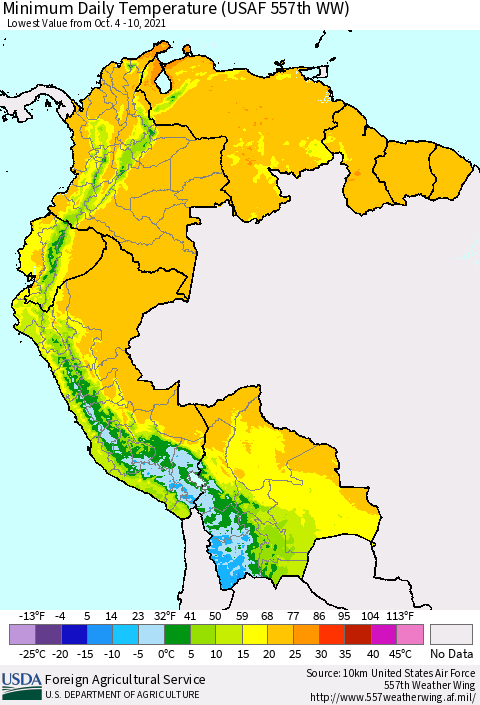 Northern South America Extreme Minimum Temperature (USAF 557th WW) Thematic Map For 10/4/2021 - 10/10/2021