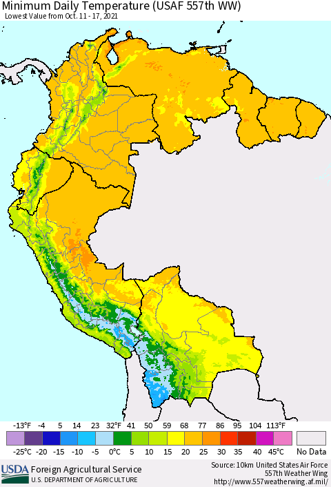 Northern South America Extreme Minimum Temperature (USAF 557th WW) Thematic Map For 10/11/2021 - 10/17/2021