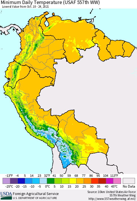 Northern South America Minimum Daily Temperature (USAF 557th WW) Thematic Map For 10/18/2021 - 10/24/2021