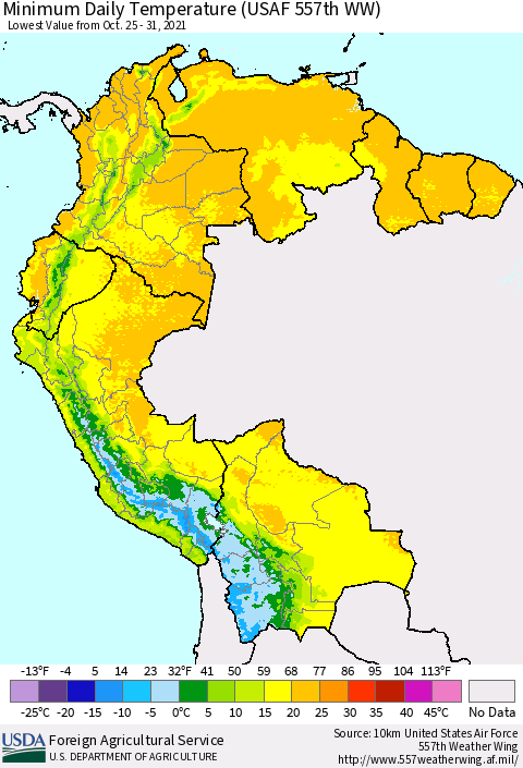 Northern South America Extreme Minimum Temperature (USAF 557th WW) Thematic Map For 10/25/2021 - 10/31/2021