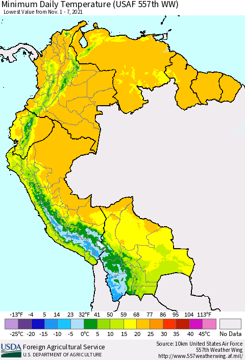 Northern South America Extreme Minimum Temperature (USAF 557th WW) Thematic Map For 11/1/2021 - 11/7/2021