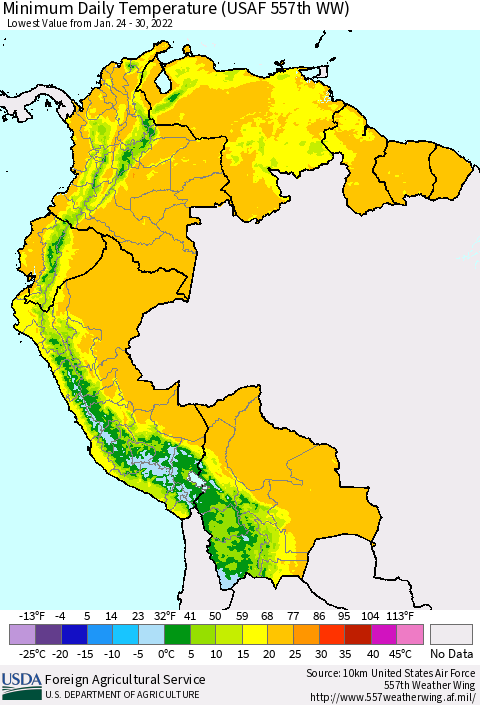 Northern South America Extreme Minimum Temperature (USAF 557th WW) Thematic Map For 1/24/2022 - 1/30/2022