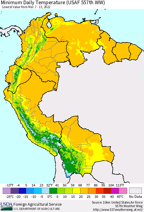 Northern South America Minimum Daily Temperature (USAF 557th WW) Thematic Map For 3/7/2022 - 3/13/2022