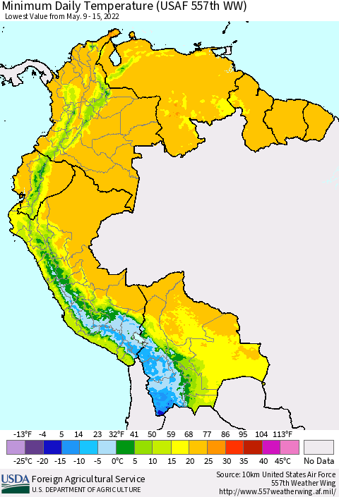Northern South America Minimum Daily Temperature (USAF 557th WW) Thematic Map For 5/9/2022 - 5/15/2022
