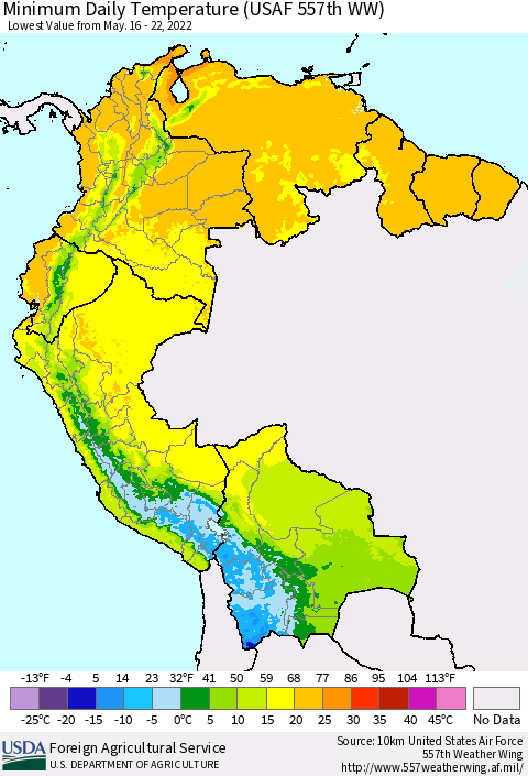 Northern South America Extreme Minimum Temperature (USAF 557th WW) Thematic Map For 5/16/2022 - 5/22/2022