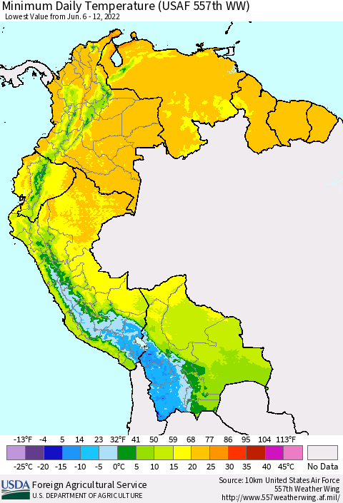 Northern South America Minimum Daily Temperature (USAF 557th WW) Thematic Map For 6/6/2022 - 6/12/2022