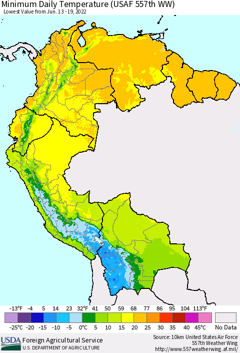 Northern South America Minimum Daily Temperature (USAF 557th WW) Thematic Map For 6/13/2022 - 6/19/2022