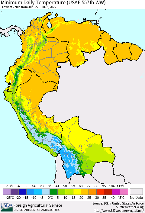 Northern South America Extreme Minimum Temperature (USAF 557th WW) Thematic Map For 6/27/2022 - 7/3/2022