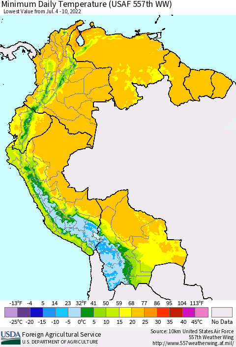 Northern South America Minimum Daily Temperature (USAF 557th WW) Thematic Map For 7/4/2022 - 7/10/2022