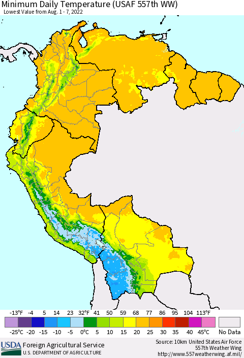 Northern South America Extreme Minimum Temperature (USAF 557th WW) Thematic Map For 8/1/2022 - 8/7/2022