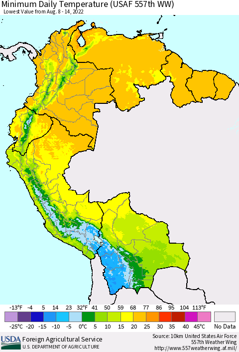 Northern South America Minimum Daily Temperature (USAF 557th WW) Thematic Map For 8/8/2022 - 8/14/2022