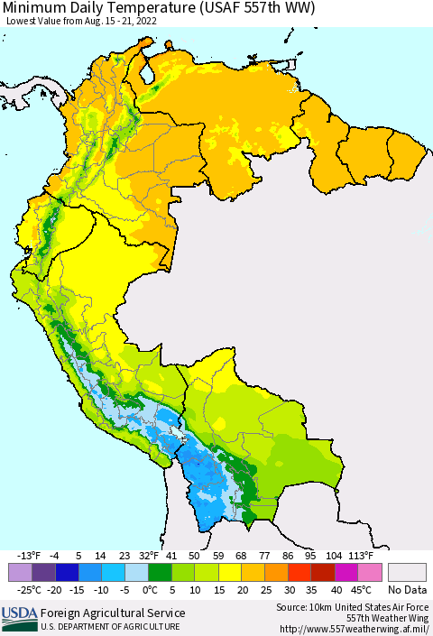 Northern South America Extreme Minimum Temperature (USAF 557th WW) Thematic Map For 8/15/2022 - 8/21/2022
