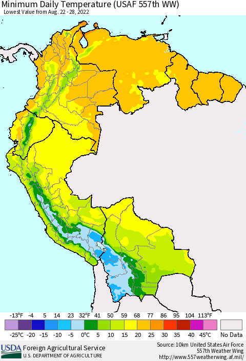 Northern South America Minimum Daily Temperature (USAF 557th WW) Thematic Map For 8/22/2022 - 8/28/2022