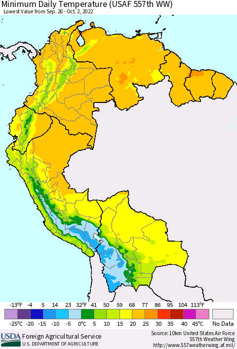 Northern South America Extreme Minimum Temperature (USAF 557th WW) Thematic Map For 9/26/2022 - 10/2/2022