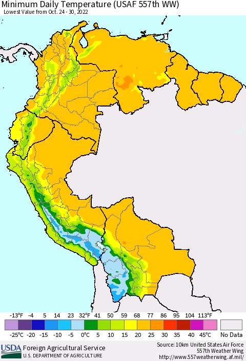 Northern South America Minimum Daily Temperature (USAF 557th WW) Thematic Map For 10/24/2022 - 10/30/2022