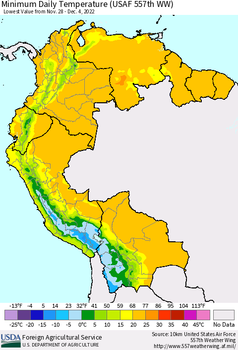 Northern South America Minimum Daily Temperature (USAF 557th WW) Thematic Map For 11/28/2022 - 12/4/2022
