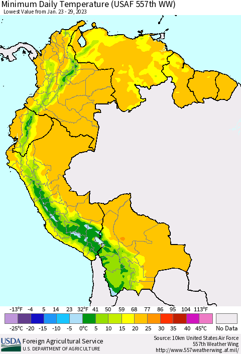 Northern South America Minimum Daily Temperature (USAF 557th WW) Thematic Map For 1/23/2023 - 1/29/2023
