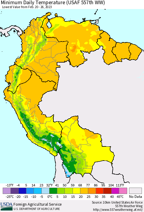 Northern South America Minimum Daily Temperature (USAF 557th WW) Thematic Map For 2/20/2023 - 2/26/2023