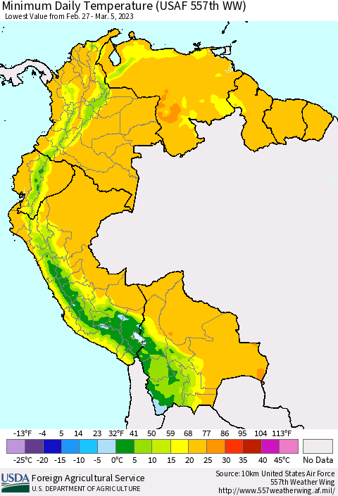 Northern South America Minimum Daily Temperature (USAF 557th WW) Thematic Map For 2/27/2023 - 3/5/2023