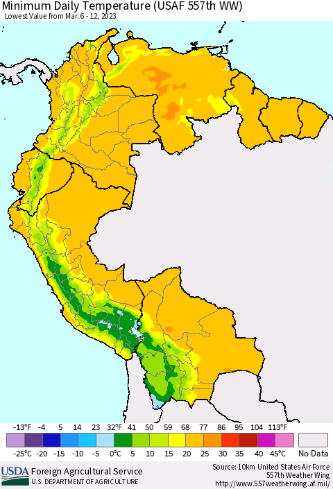 Northern South America Minimum Daily Temperature (USAF 557th WW) Thematic Map For 3/6/2023 - 3/12/2023