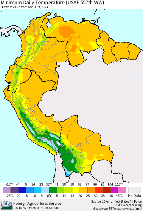 Northern South America Minimum Daily Temperature (USAF 557th WW) Thematic Map For 4/3/2023 - 4/9/2023