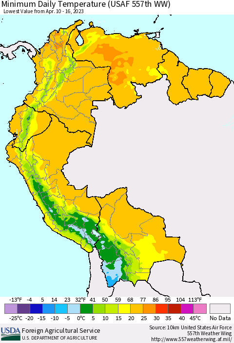 Northern South America Minimum Daily Temperature (USAF 557th WW) Thematic Map For 4/10/2023 - 4/16/2023