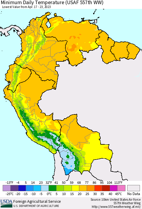 Northern South America Minimum Daily Temperature (USAF 557th WW) Thematic Map For 4/17/2023 - 4/23/2023