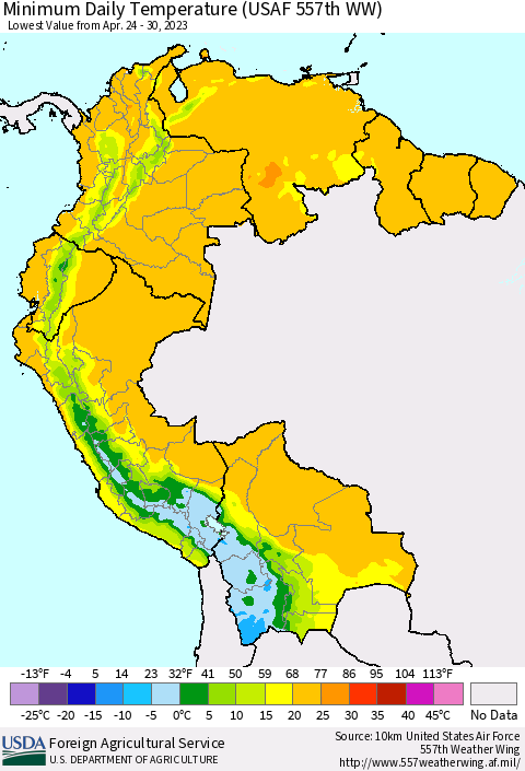 Northern South America Minimum Daily Temperature (USAF 557th WW) Thematic Map For 4/24/2023 - 4/30/2023