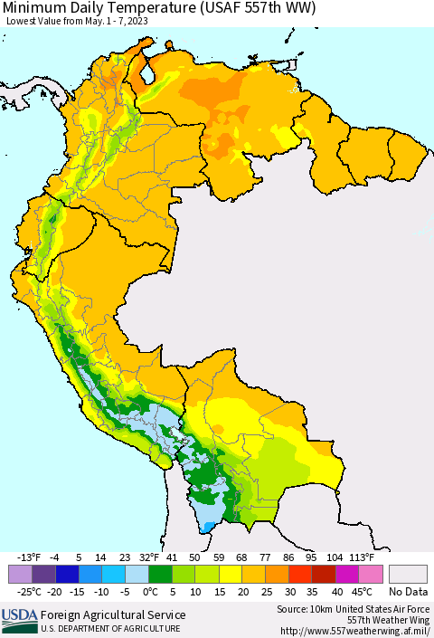 Northern South America Minimum Daily Temperature (USAF 557th WW) Thematic Map For 5/1/2023 - 5/7/2023