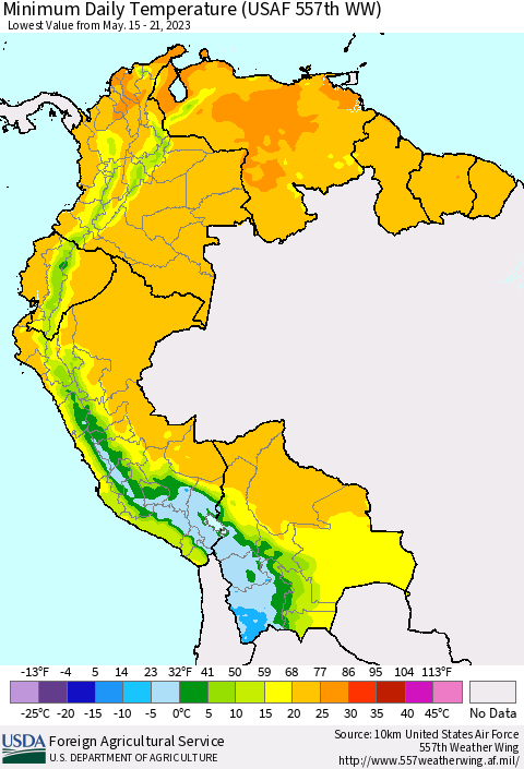 Northern South America Minimum Daily Temperature (USAF 557th WW) Thematic Map For 5/15/2023 - 5/21/2023