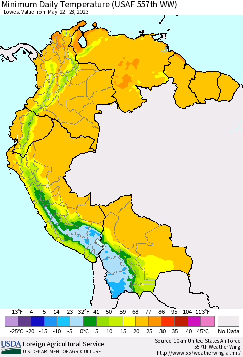 Northern South America Minimum Daily Temperature (USAF 557th WW) Thematic Map For 5/22/2023 - 5/28/2023