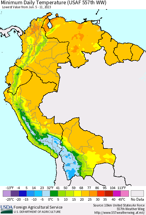 Northern South America Minimum Daily Temperature (USAF 557th WW) Thematic Map For 6/5/2023 - 6/11/2023