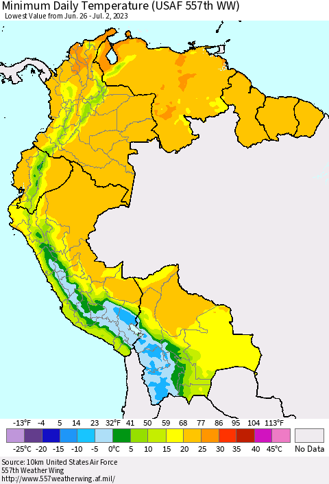 Northern South America Minimum Daily Temperature (USAF 557th WW) Thematic Map For 6/26/2023 - 7/2/2023